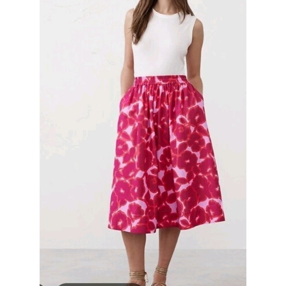 Banana Republic Poplin Midi Skirt Women's Size Large Floral Pink Orange